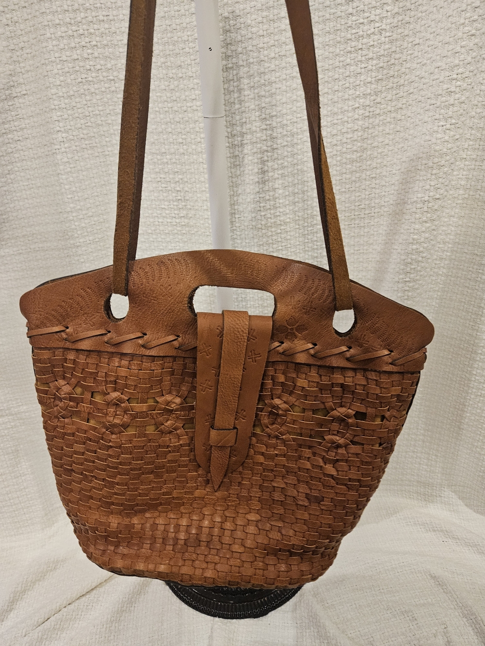 Patricia Nash Woven Leather Capri Tote in Cognac Brown